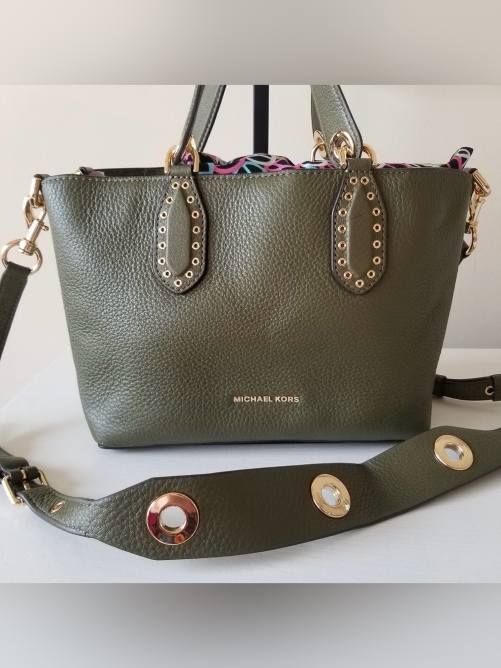 Michael Kors Brooklyn Small Grab Bag Crossbody Pebbled Leather Olive Green